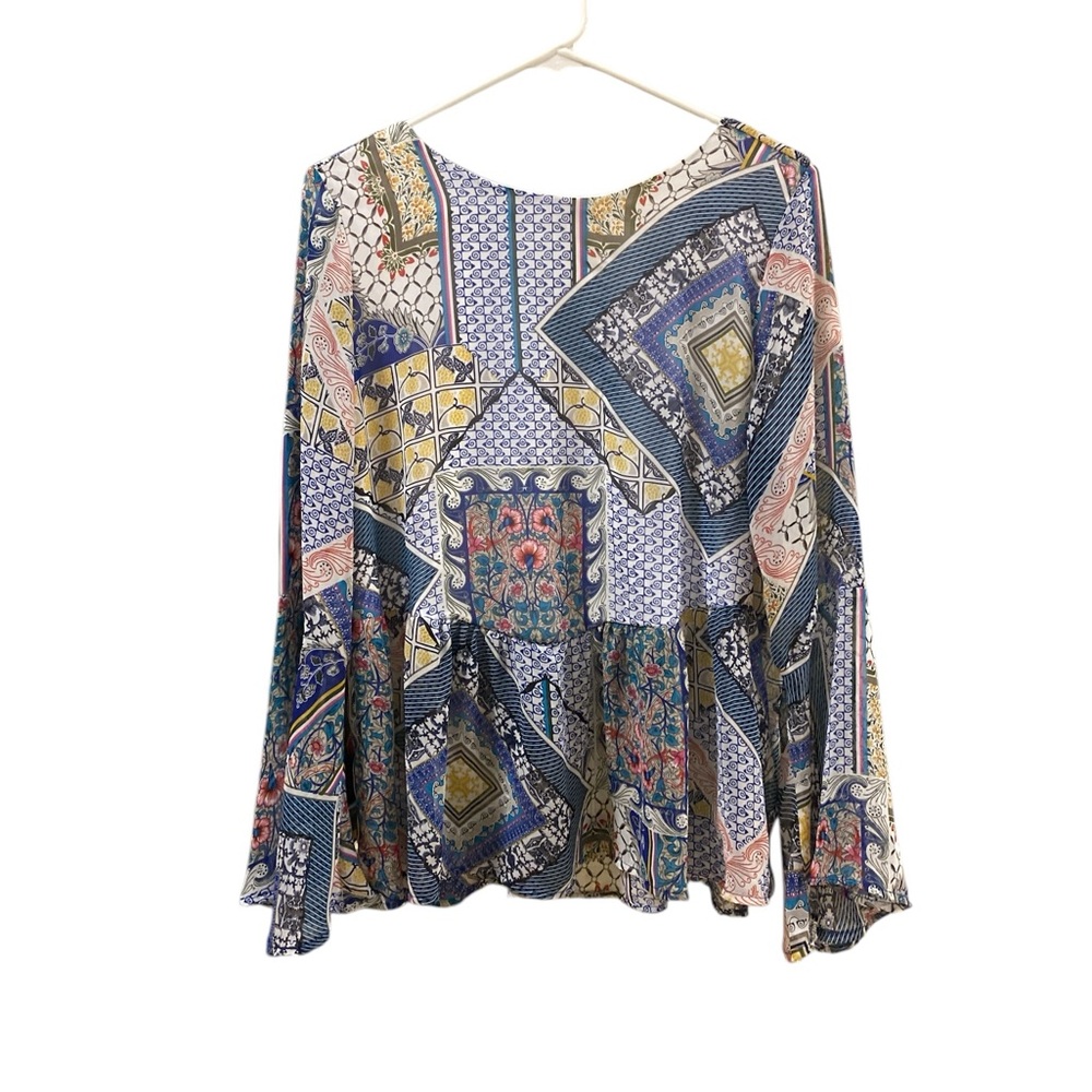 Ces Femme Women’s Bohemian Patchwork Print Blouse Size M Bell Sleeve Floral